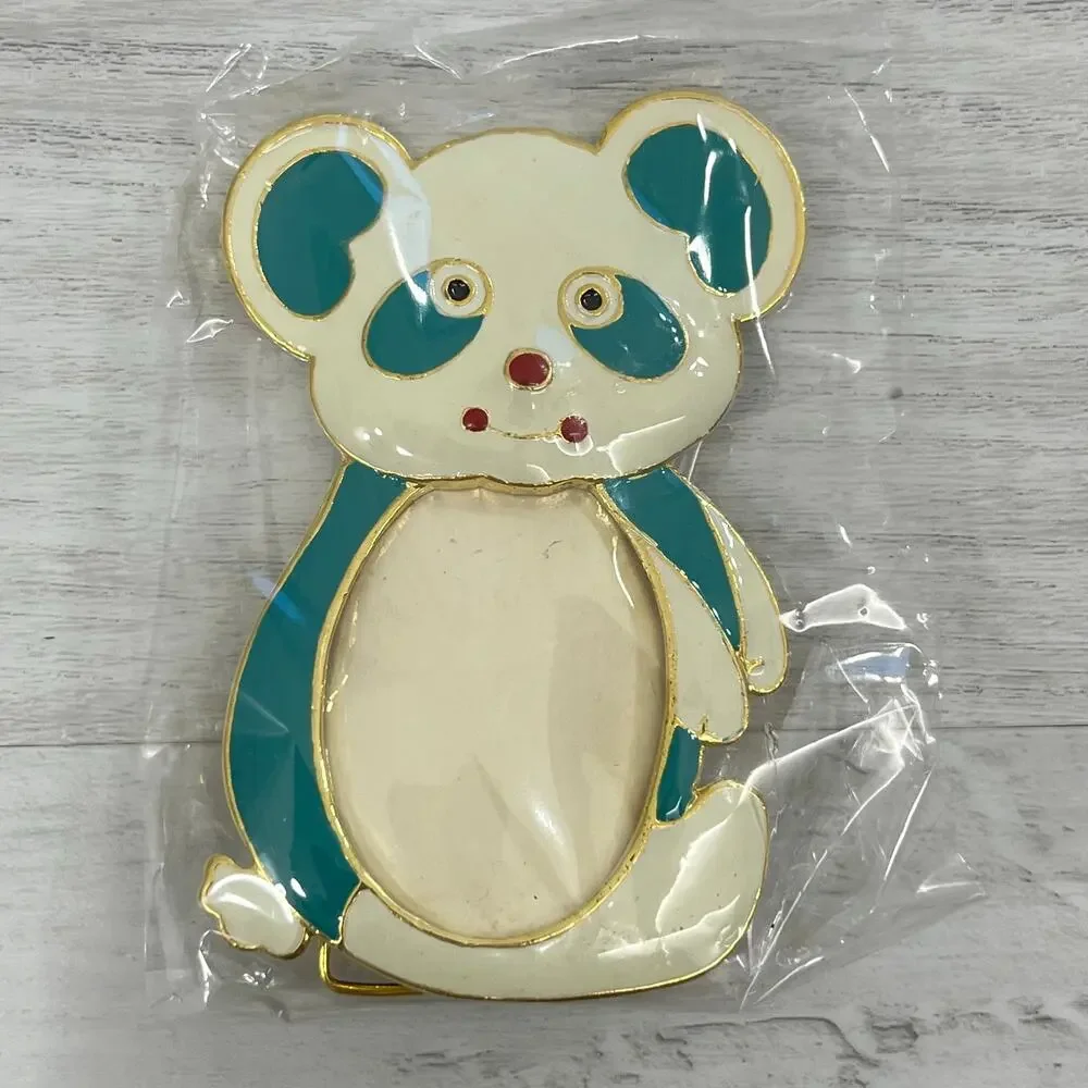 Vintage 24K Gold Plated 2 Toned Enameled Panda Bear Shape Mini Picture Frame